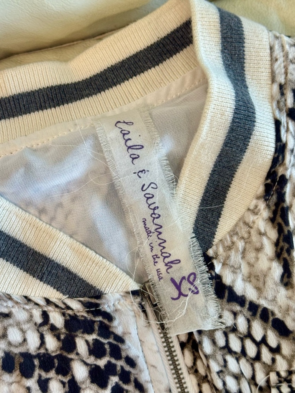 Laila & Savannah Neutral Snake-Print Bomber Jacket in Black, White & Tan - Picture 2 of 4